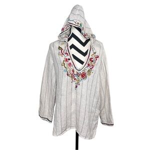 Chicos Sz 1 Boho Embroidered 100% Linen Long-Sleeve Hooded Top